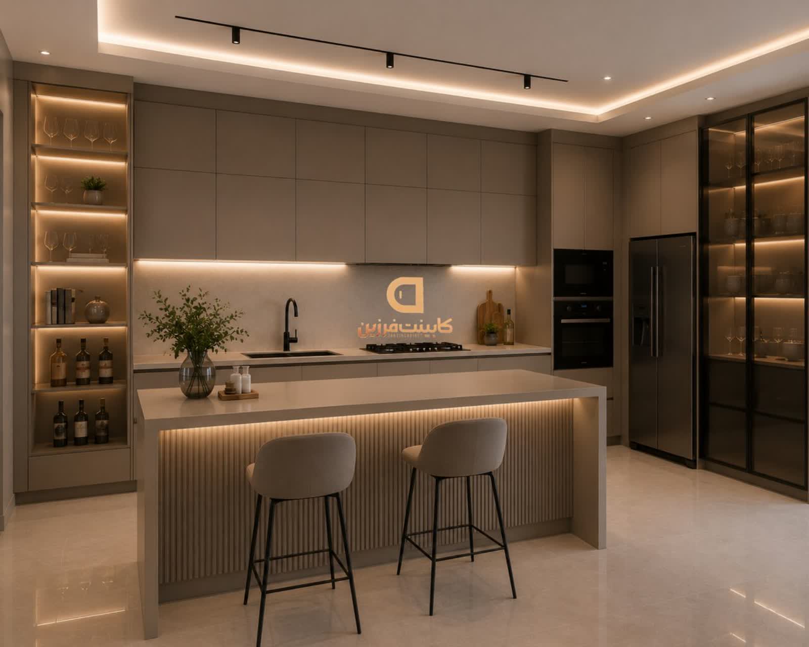 تصویر 2 پروژه کابینت طوسی مات با ترکیب چوب طبیعی.