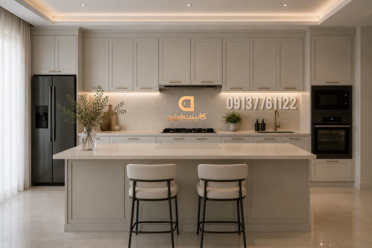 کابینت کلاسیک کرم با جزئیات طلایی — پروژه کابینت فرزین در یزد